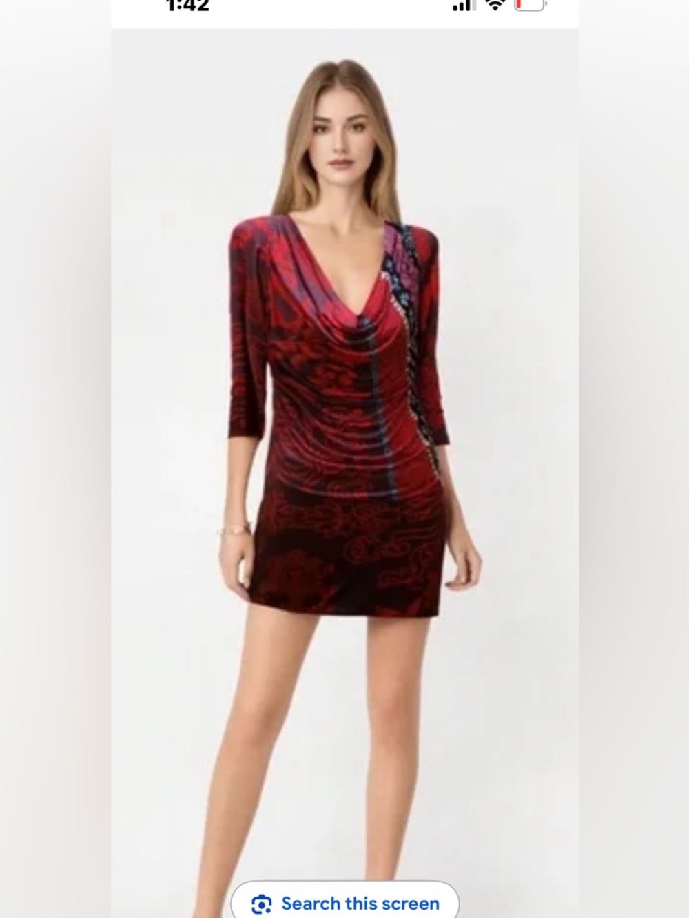 👗Analili Red Patterned Cowl Neck Long Sleeve Dress with Blue Accents